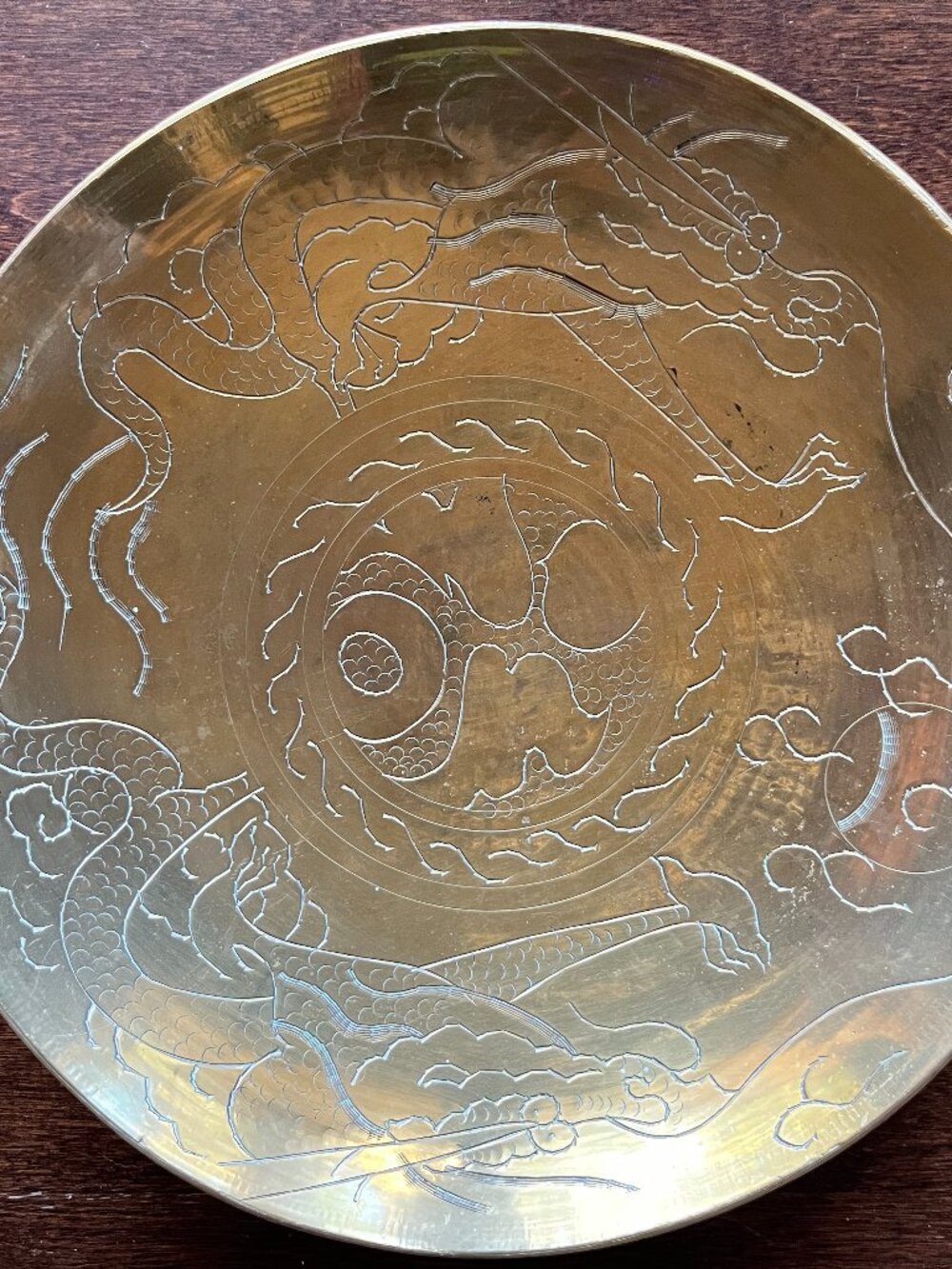Vintage Solid Brass DISH BOWL Double Dragon Chinese Trinket Dish 9" Diameter